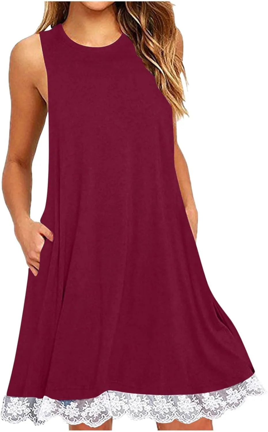 Going Out Dresses for Women 2025 Summer Sleeveless Crew Neck Mini Sundress Casual Lace Hem Beach Dress with Pockets