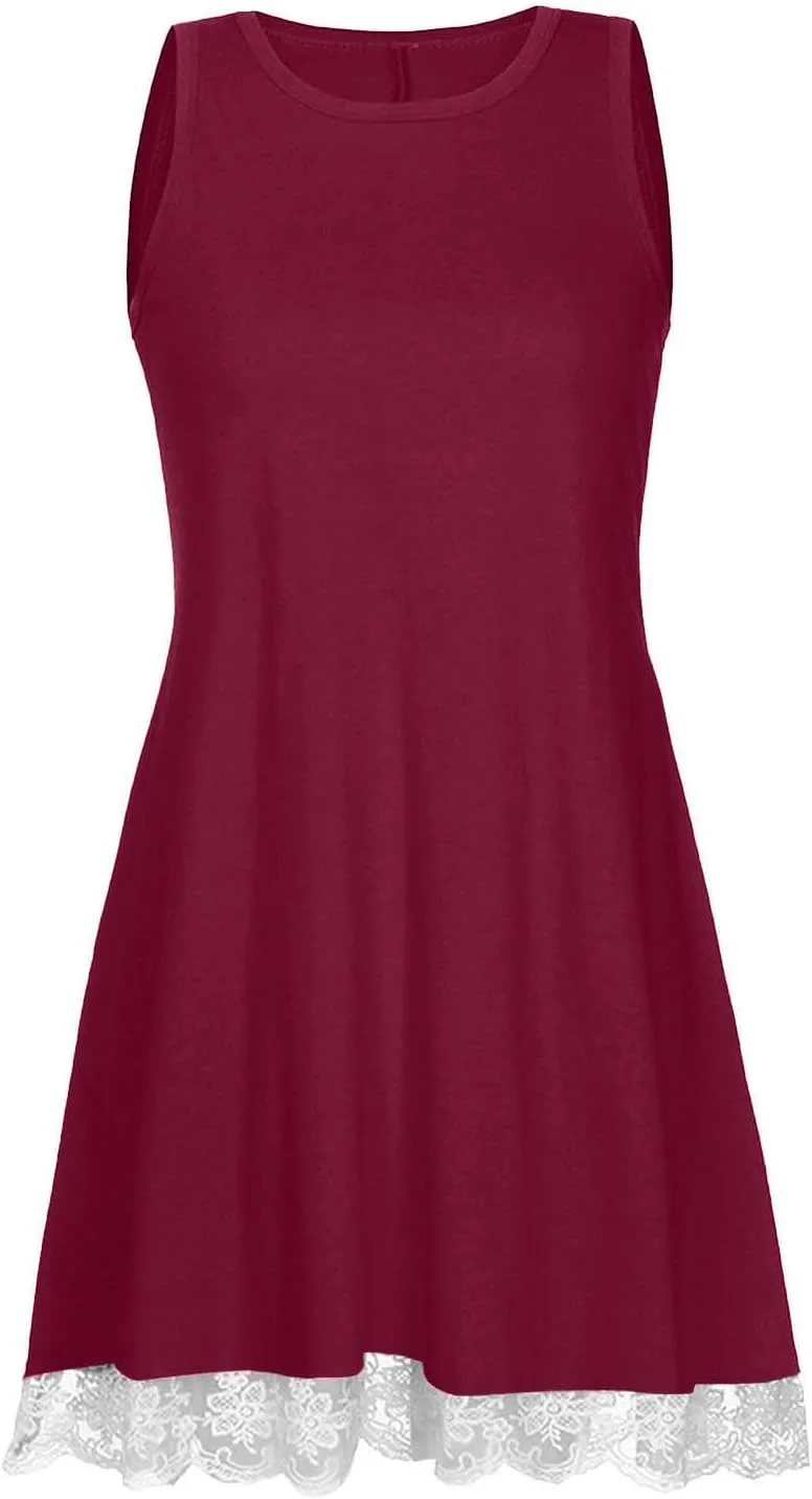 Going Out Dresses for Women 2025 Summer Sleeveless Crew Neck Mini Sundress Casual Lace Hem Beach Dress with Pockets