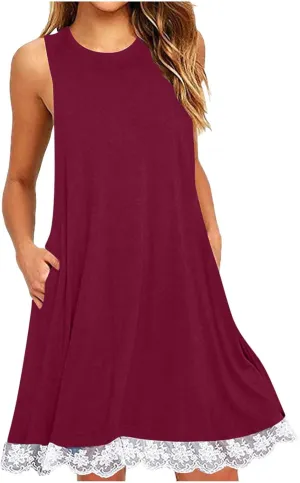 Going Out Dresses for Women 2025 Summer Sleeveless Crew Neck Mini Sundress Casual Lace Hem Beach Dress with Pockets