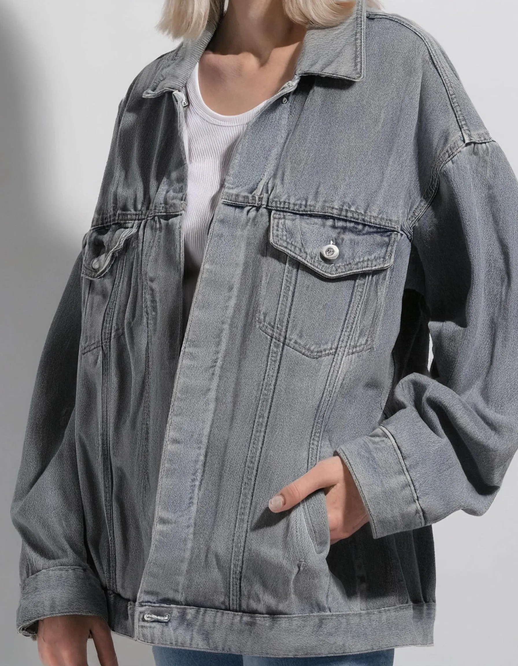 Gray Oversized Denim Jacket With Large Pockets