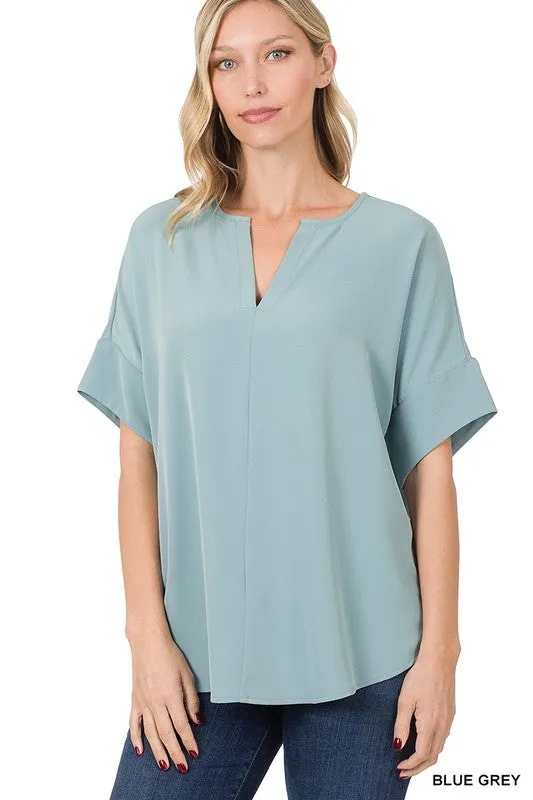 Heavy Woven Span Split Neck Short Sleeve Top - Zenana