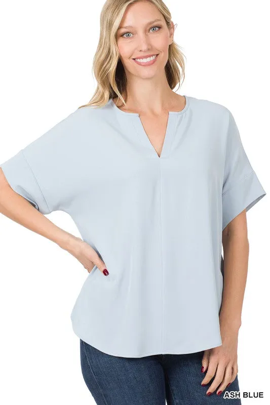 Heavy Woven Span Split Neck Short Sleeve Top - Zenana