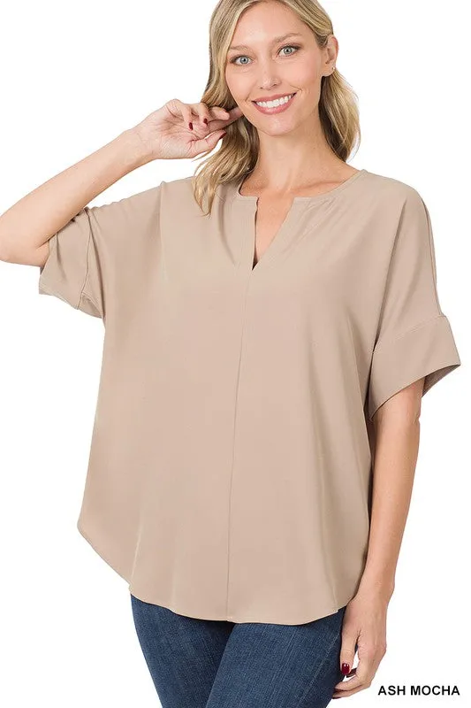 Heavy Woven Span Split Neck Short Sleeve Top - Zenana