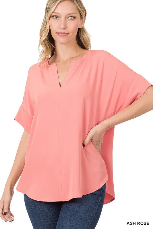 Heavy Woven Span Split Neck Short Sleeve Top - Zenana