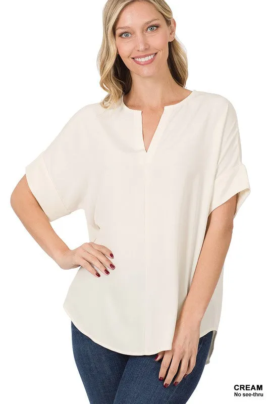 Heavy Woven Span Split Neck Short Sleeve Top - Zenana