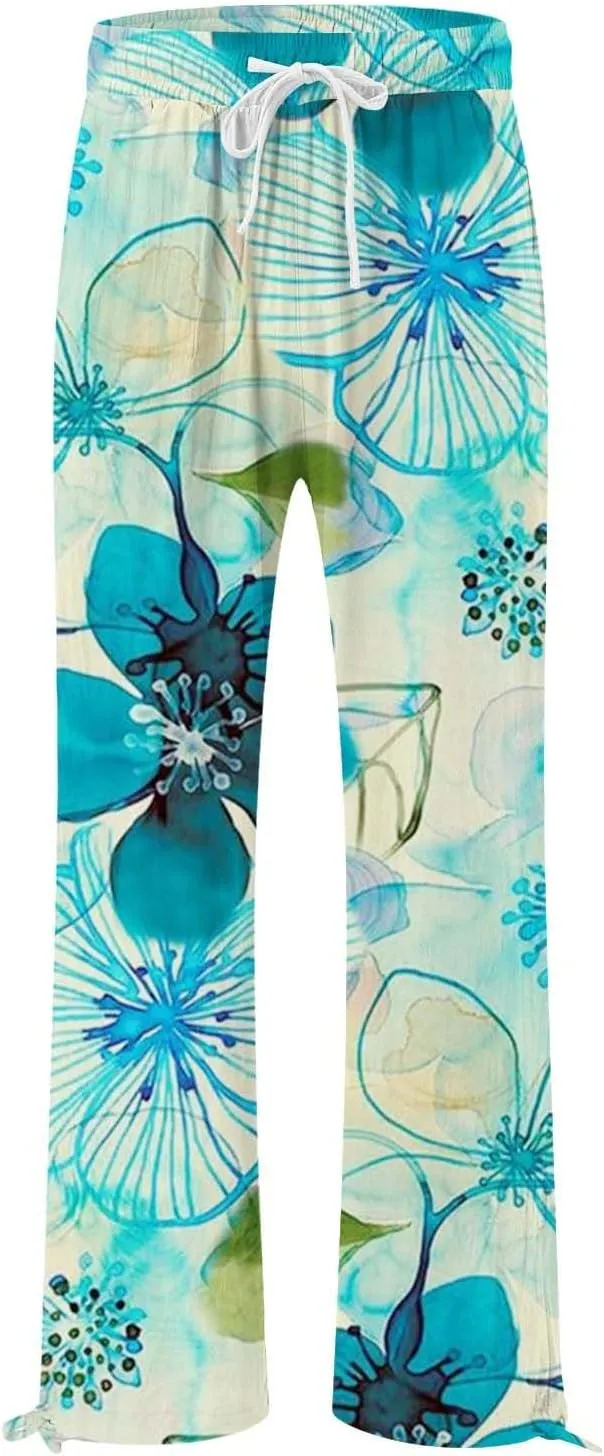 High Waist Floral Summer Casual Loose Pants Womens Cotton Casual Loose Pants Comfy Work Pants with Pockets Elastic