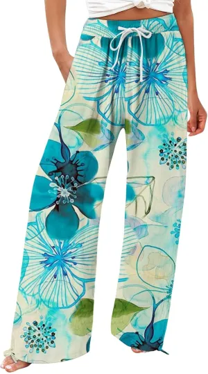 High Waist Floral Summer Casual Loose Pants Womens Cotton Casual Loose Pants Comfy Work Pants with Pockets Elastic