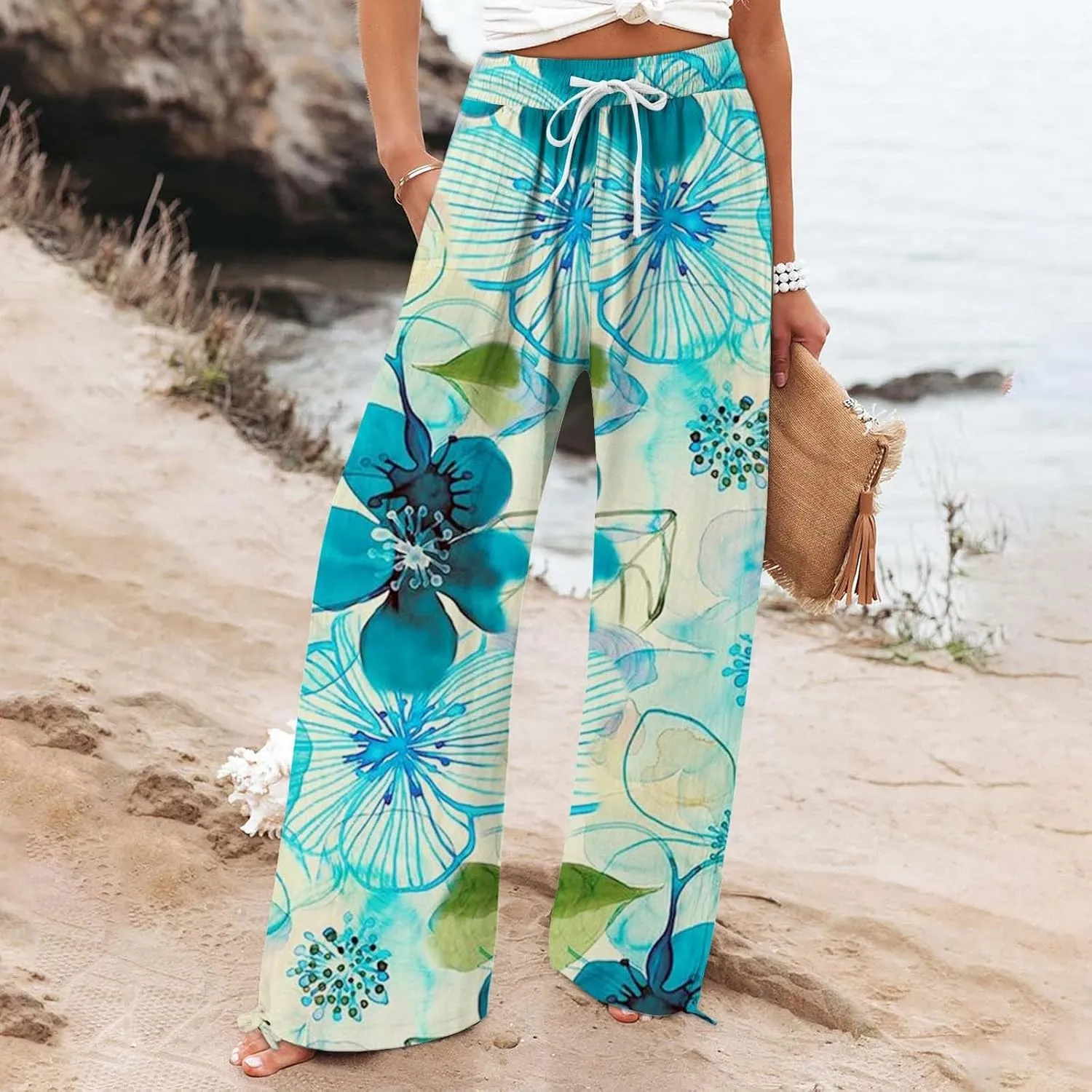 High Waist Floral Summer Casual Loose Pants Womens Cotton Casual Loose Pants Comfy Work Pants with Pockets Elastic