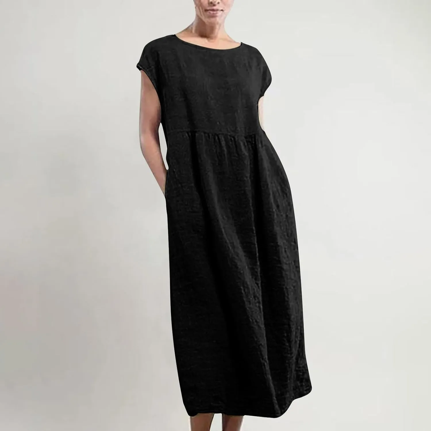 hlysgo Cotton Linen Dresses for Women 2025 Summer Short Sleeve Crew Neck Midi Dress Casual Loose Comfy Plus Size Beach Dress