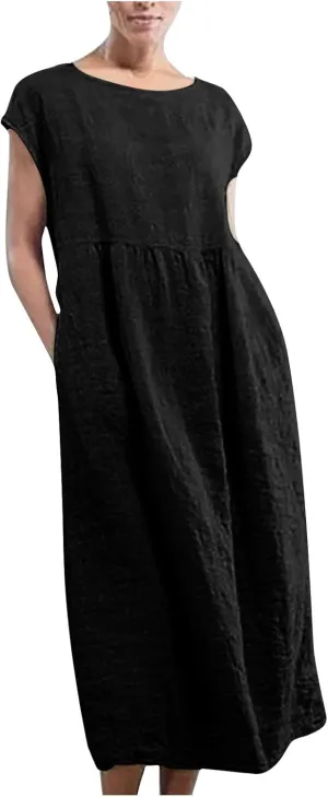 hlysgo Cotton Linen Dresses for Women 2025 Summer Short Sleeve Crew Neck Midi Dress Casual Loose Comfy Plus Size Beach Dress