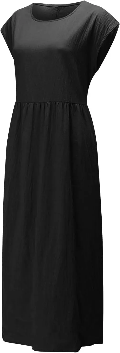 hlysgo Cotton Linen Dresses for Women 2025 Summer Short Sleeve Crew Neck Midi Dress Casual Loose Comfy Plus Size Beach Dress