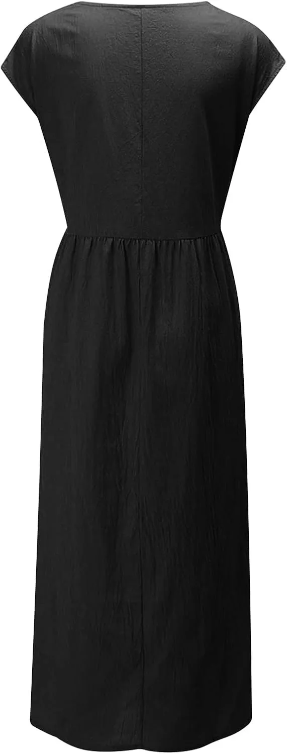 hlysgo Cotton Linen Dresses for Women 2025 Summer Short Sleeve Crew Neck Midi Dress Casual Loose Comfy Plus Size Beach Dress