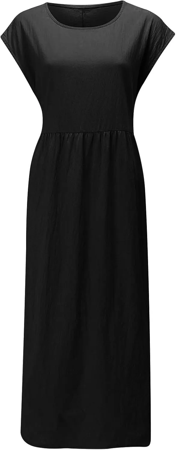 hlysgo Cotton Linen Dresses for Women 2025 Summer Short Sleeve Crew Neck Midi Dress Casual Loose Comfy Plus Size Beach Dress