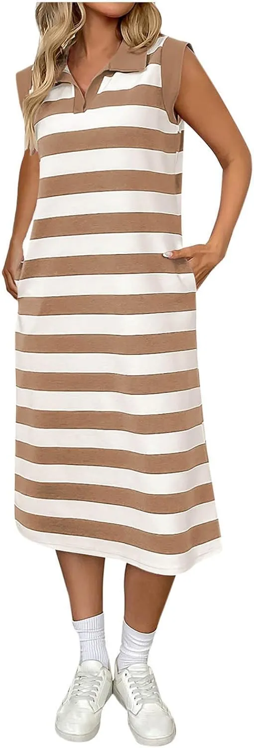hlysgo Stripes Dresses for Women with Pockets 2025 Trendy Sleeveless V Neck Mini Dress Ladies Casual Going Out Sundress