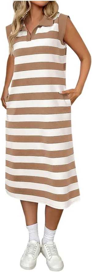 hlysgo Stripes Dresses for Women with Pockets 2025 Trendy Sleeveless V Neck Mini Dress Ladies Casual Going Out Sundress