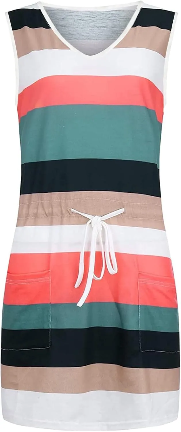 hlysgo Women Summer Petite Dresses 2025 Trendy Stripes Print Drawstring Waist Sleeveless Mini Dress Casual V Neck Sundress