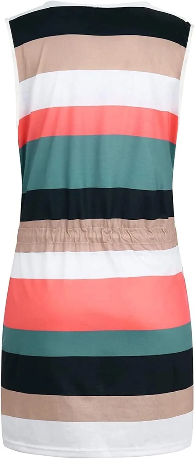 hlysgo Women Summer Petite Dresses 2025 Trendy Stripes Print Drawstring Waist Sleeveless Mini Dress Casual V Neck Sundress