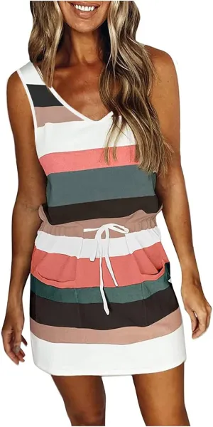 hlysgo Women Summer Petite Dresses 2025 Trendy Stripes Print Drawstring Waist Sleeveless Mini Dress Casual V Neck Sundress