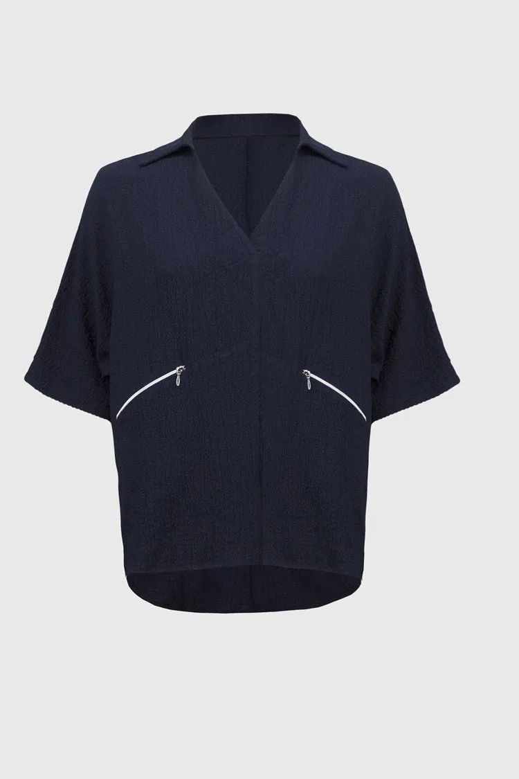 Joseph Ribkoff Seersucker Boxy High Low Top - Midnight Blue