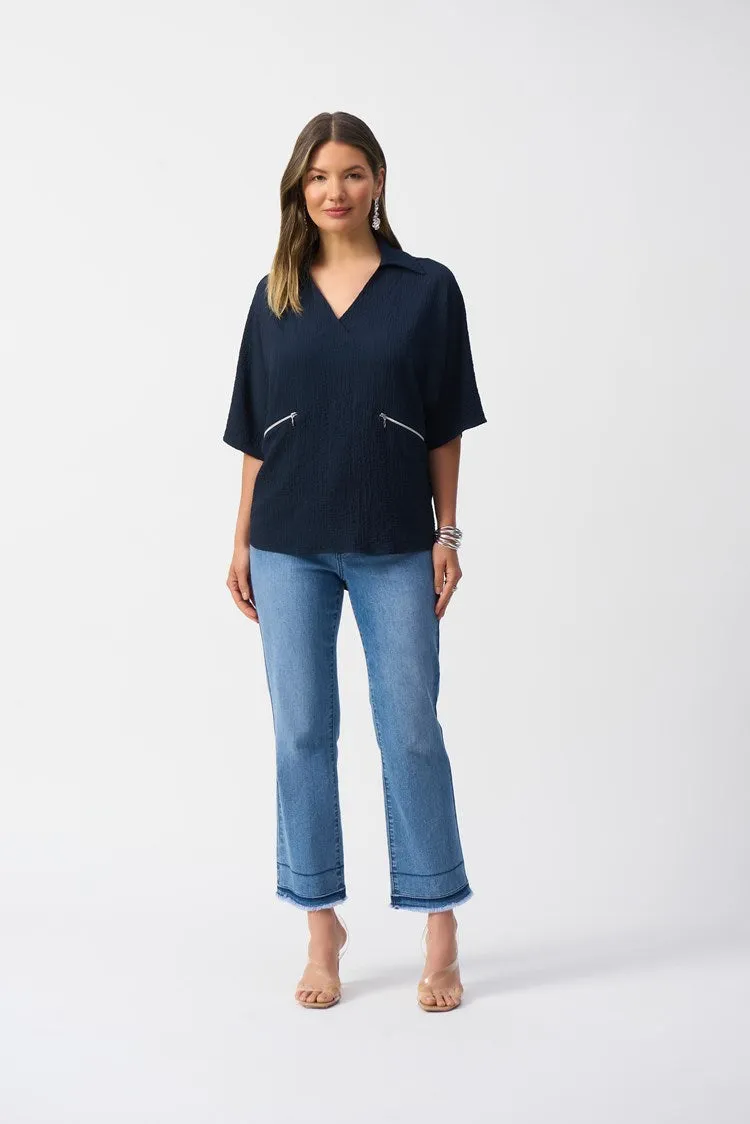 Joseph Ribkoff Seersucker Boxy High Low Top - Midnight Blue