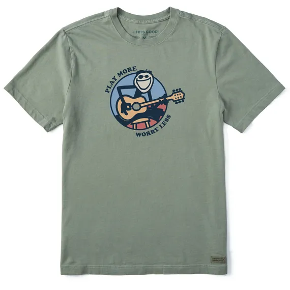 Life is Good. Men's Play More Worry Less Jake Guitar Crusher Tee, Moss Green