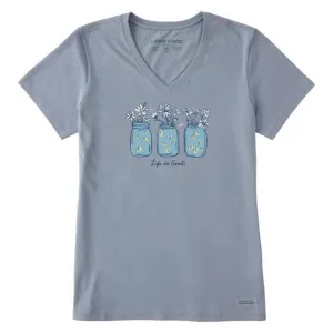 Life is Good Women's Realaxed Shine On Daisy Jars Short Sleeve Vee