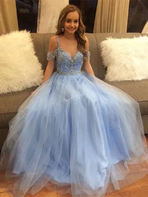 Light Blue Off Shoulder Tulle Prom Dress, Light Blue Formal Dress, Graduation Dress