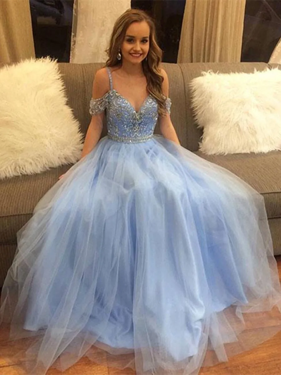 Light Blue Off Shoulder Tulle Prom Dress, Light Blue Formal Dress, Graduation Dress