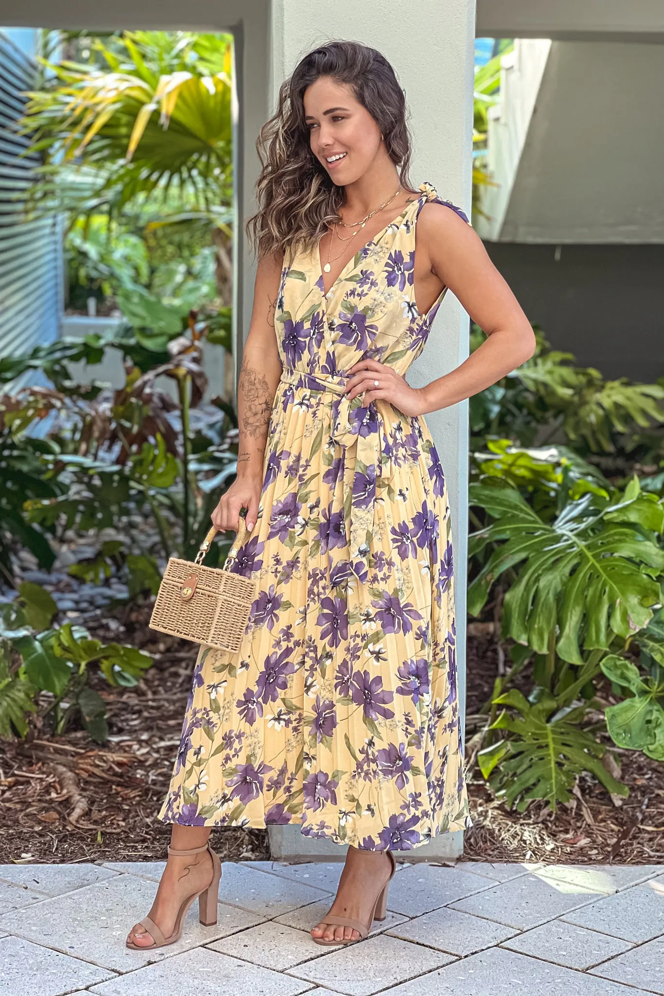 Light Yellow Floral Pleated Midi Dress