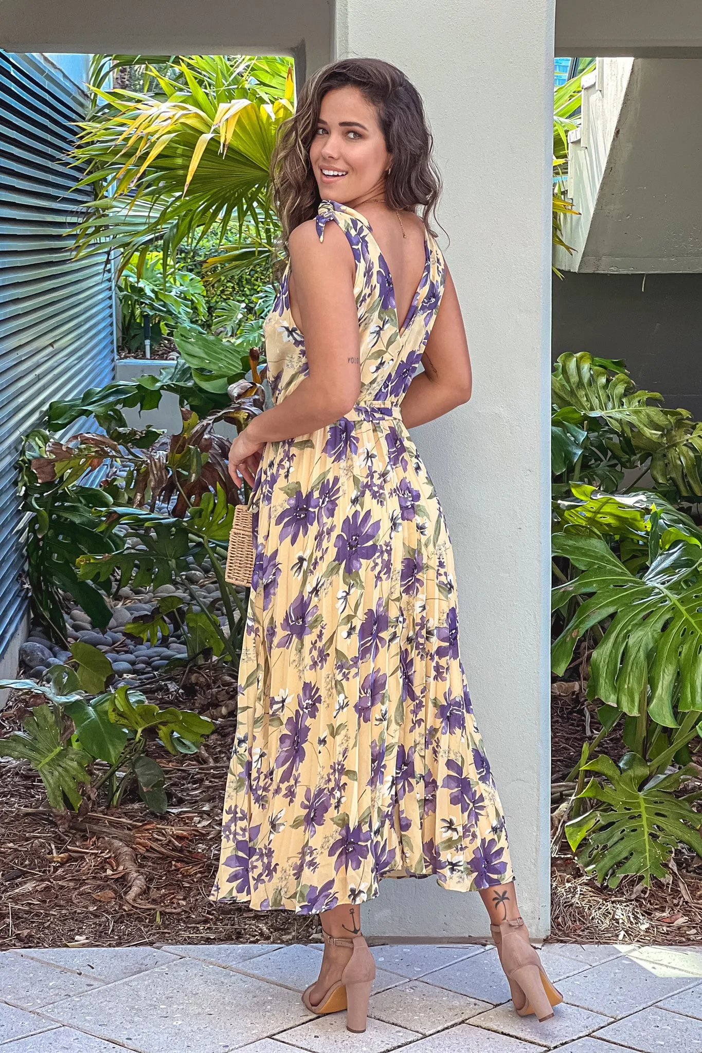 Light Yellow Floral Pleated Midi Dress