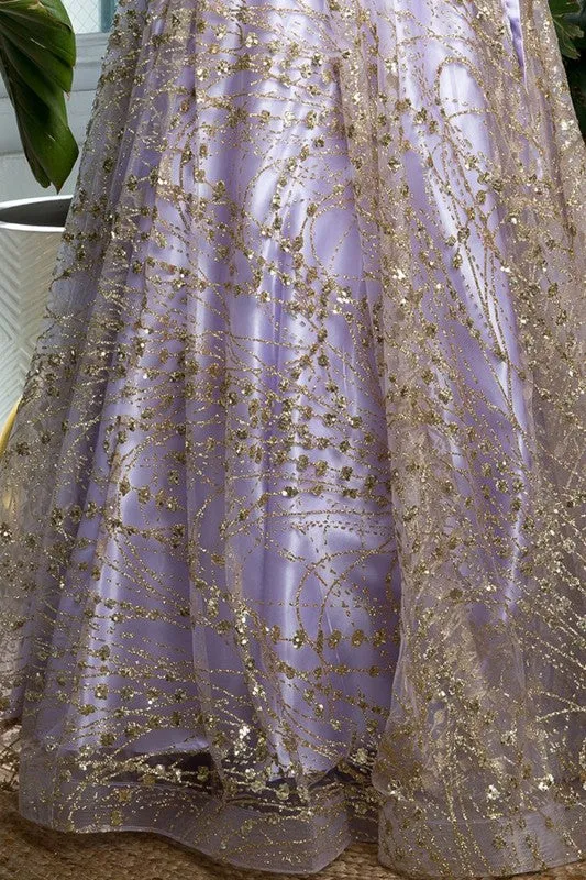 Lilac Off Shoulder Embroidery/Glitter/Sequin A Line Dress