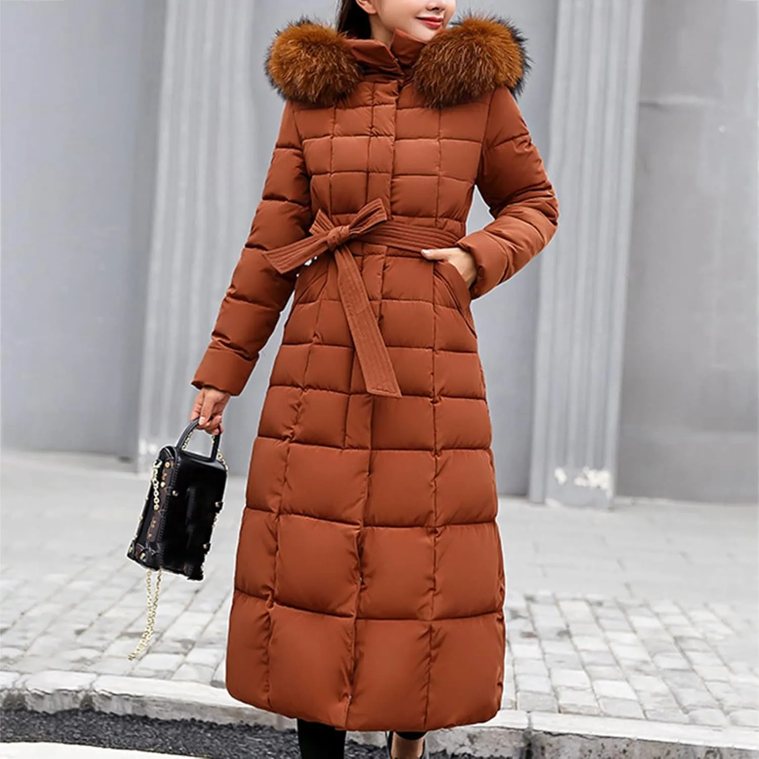Long Jacket Women Fur Collar Lace Up Cotton Parkas Coat Classic Winter 2023 Warm with Hood Military Utility Jackets