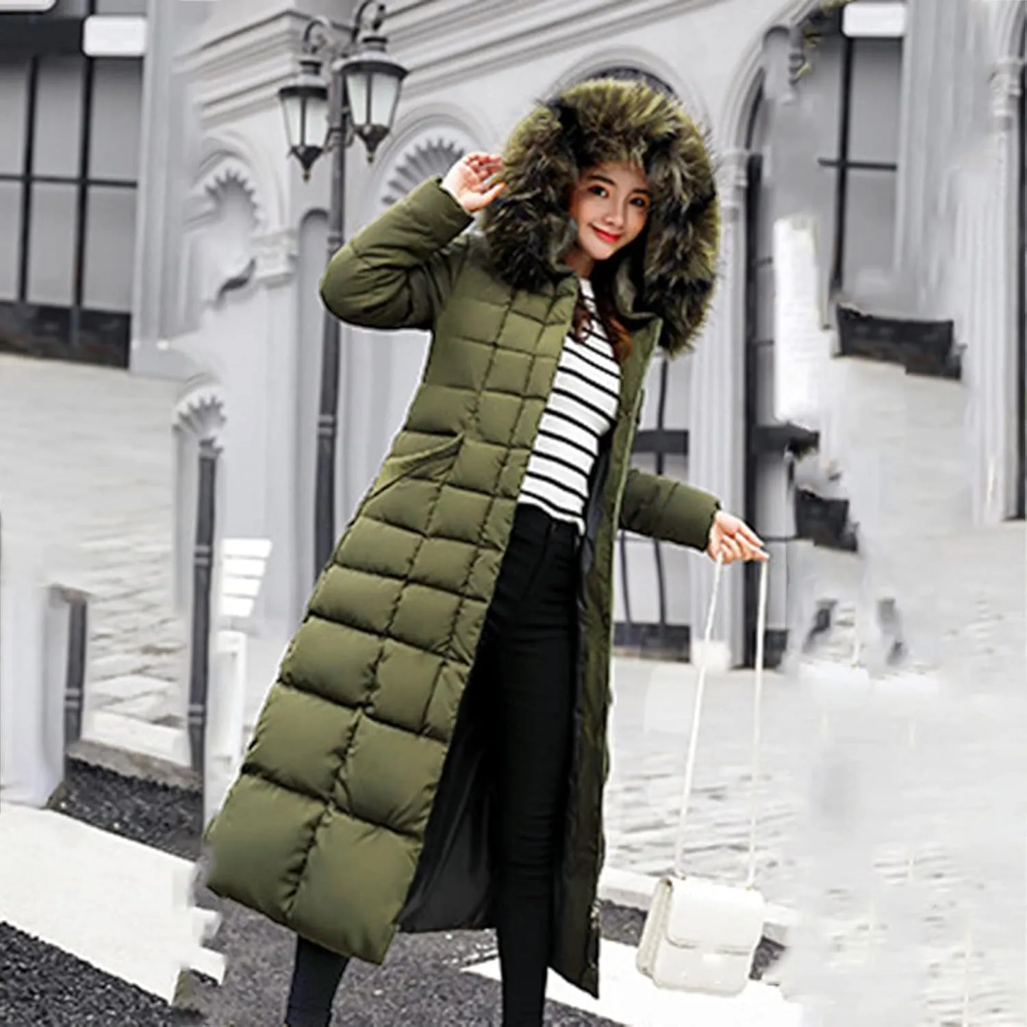 Long Jacket Women Fur Collar Lace Up Cotton Parkas Coat Classic Winter 2023 Warm with Hood Military Utility Jackets