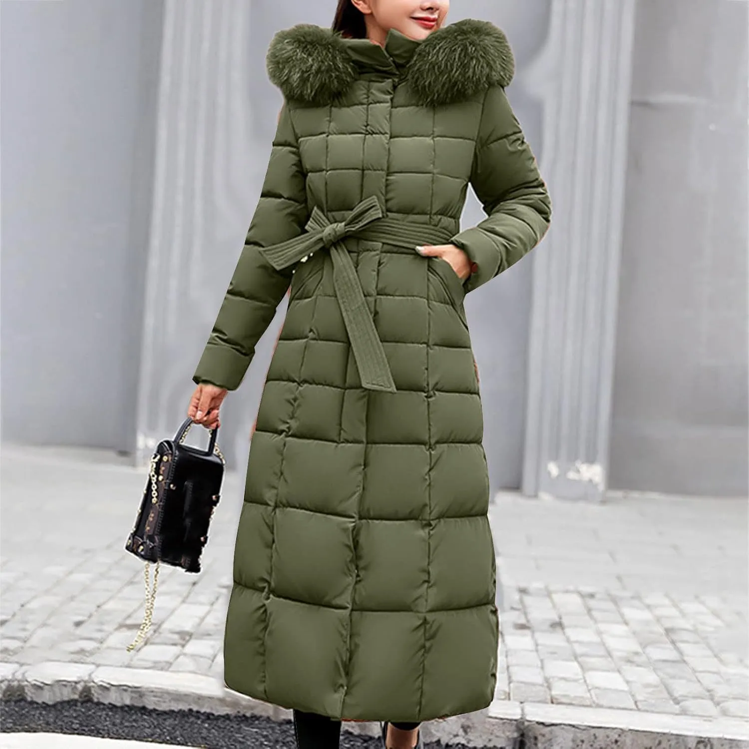 Long Jacket Women Fur Collar Lace Up Cotton Parkas Coat Classic Winter 2023 Warm with Hood Military Utility Jackets