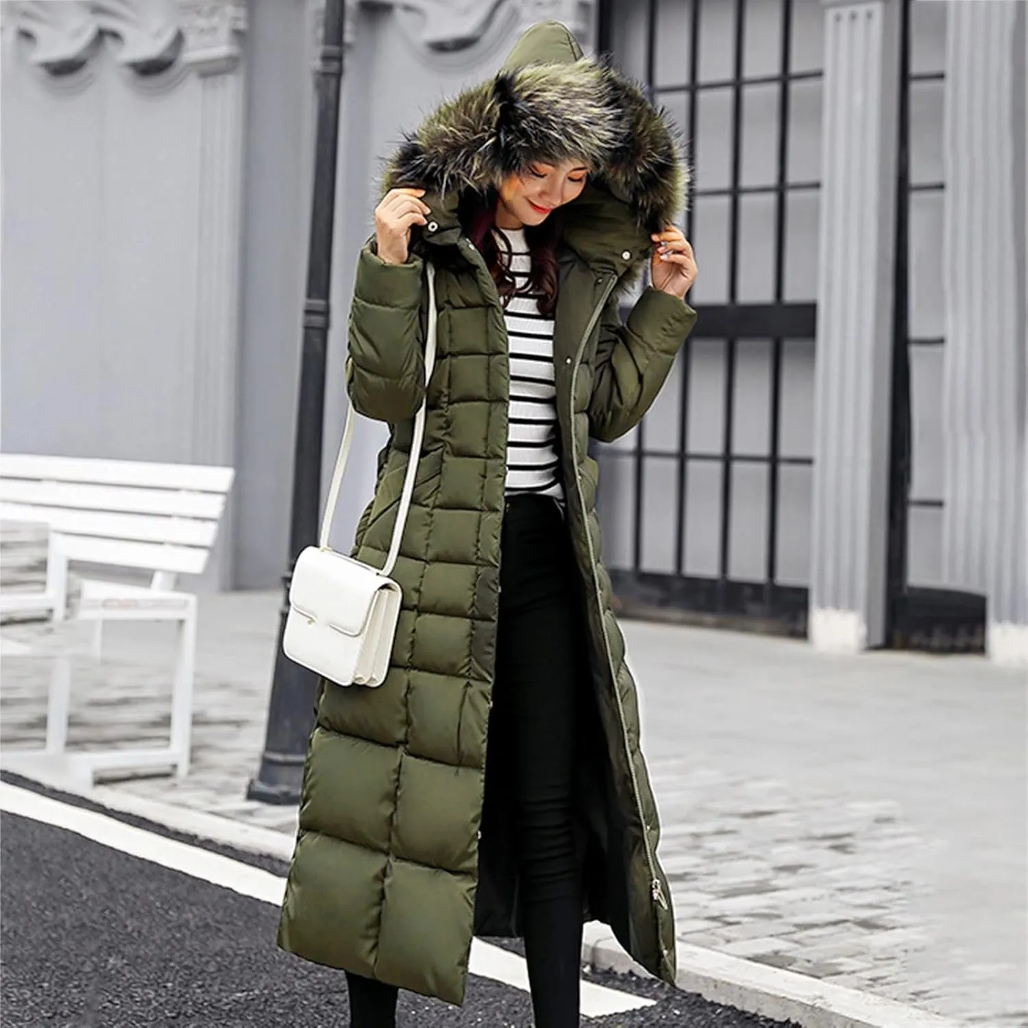 Long Jacket Women Fur Collar Lace Up Cotton Parkas Coat Classic Winter 2023 Warm with Hood Military Utility Jackets