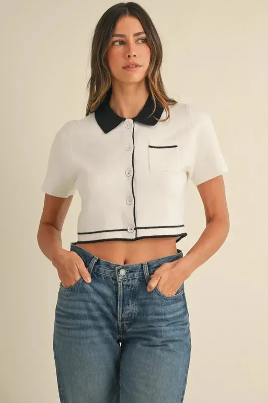 MABLE Button Down Contrast Collared Knit Cardigan