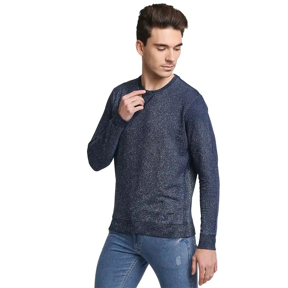 Men Blue Tailored Fit Solid Cotton Full Sleeve Sweatshirts