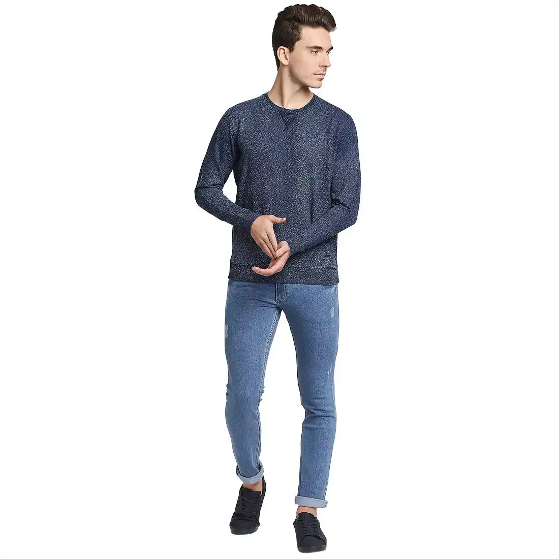 Men Blue Tailored Fit Solid Cotton Full Sleeve Sweatshirts