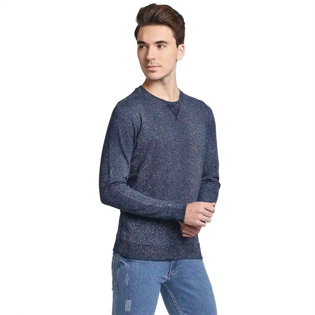 Men Blue Tailored Fit Solid Cotton Full Sleeve Sweatshirts