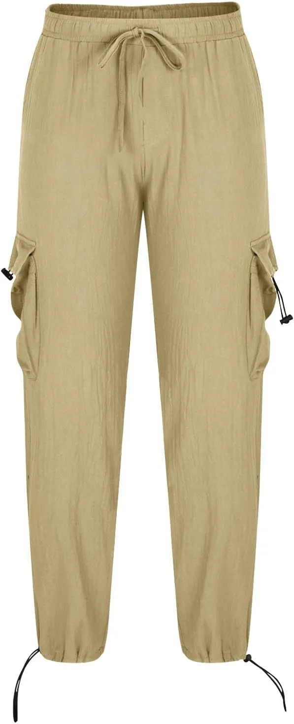Men Cotton Linen Cargo Pants Comfy Lightweight Trousers Drawstring Elastic Waist Pant Summer Outing Workout Clothes