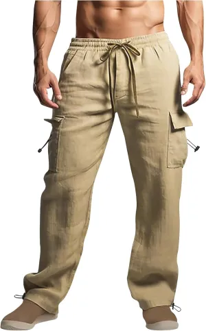 Men Cotton Linen Cargo Pants Comfy Lightweight Trousers Drawstring Elastic Waist Pant Summer Outing Workout Clothes