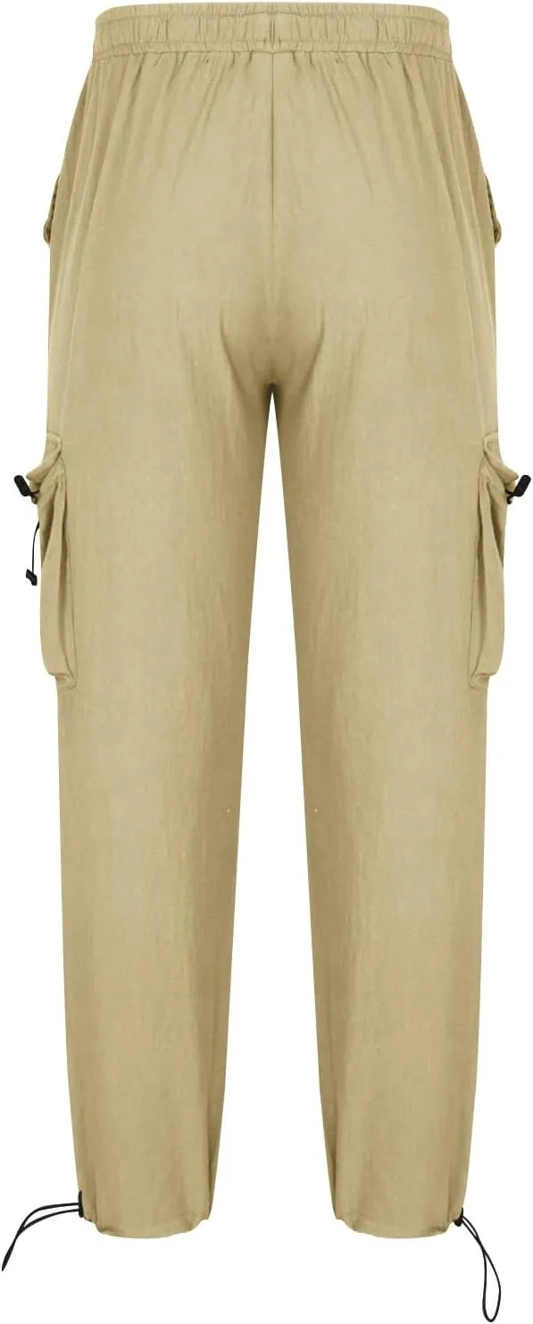 Men Cotton Linen Cargo Pants Comfy Lightweight Trousers Drawstring Elastic Waist Pant Summer Outing Workout Clothes