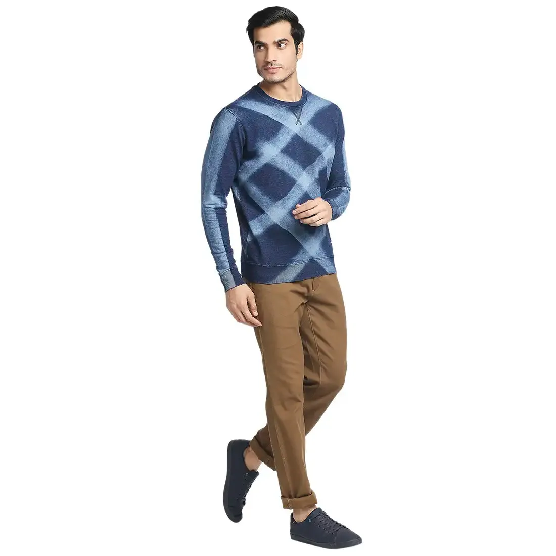 Men Indigo Tailored Fit Solid Cotton Full Sleeve Sweatshirts