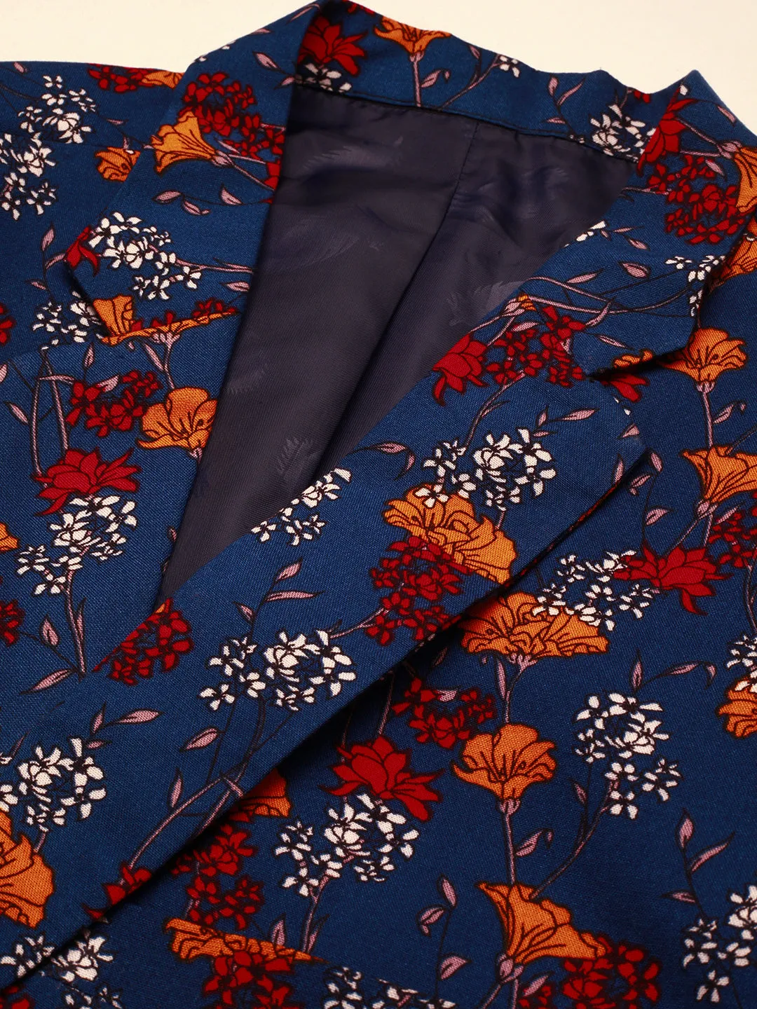 Men Navy Blue Printed Slim-Fit Single-Breasted Blazer