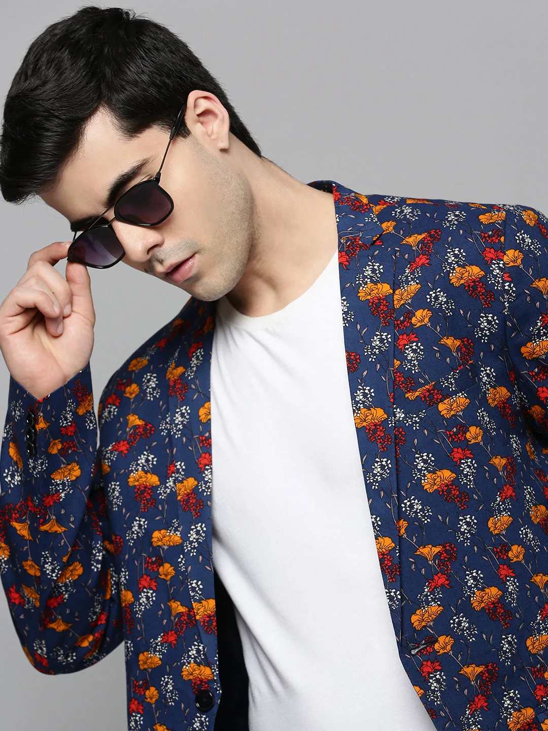 Men Navy Blue Printed Slim-Fit Single-Breasted Blazer