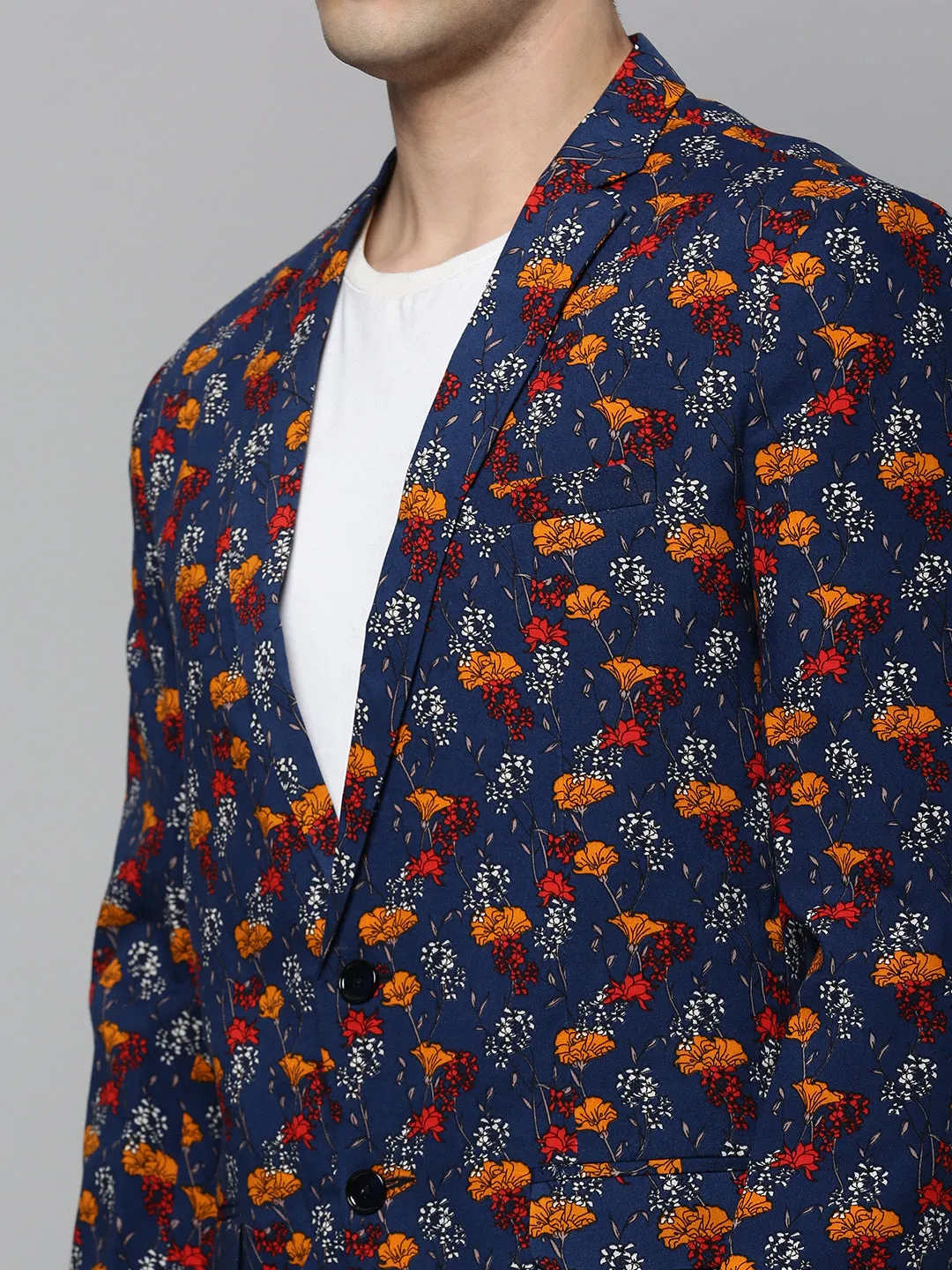 Men Navy Blue Printed Slim-Fit Single-Breasted Blazer