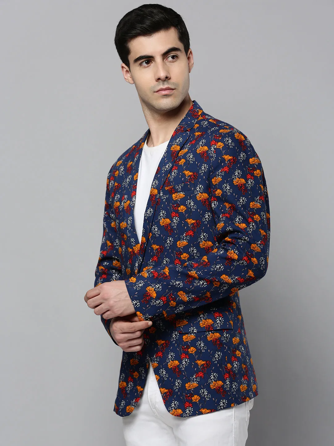 Men Navy Blue Printed Slim-Fit Single-Breasted Blazer