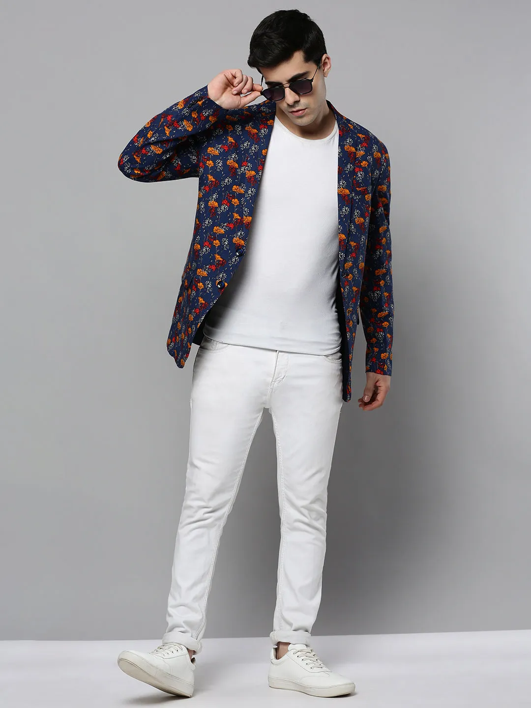 Men Navy Blue Printed Slim-Fit Single-Breasted Blazer