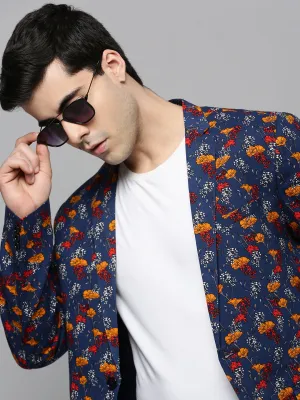 Men Navy Blue Printed Slim-Fit Single-Breasted Blazer