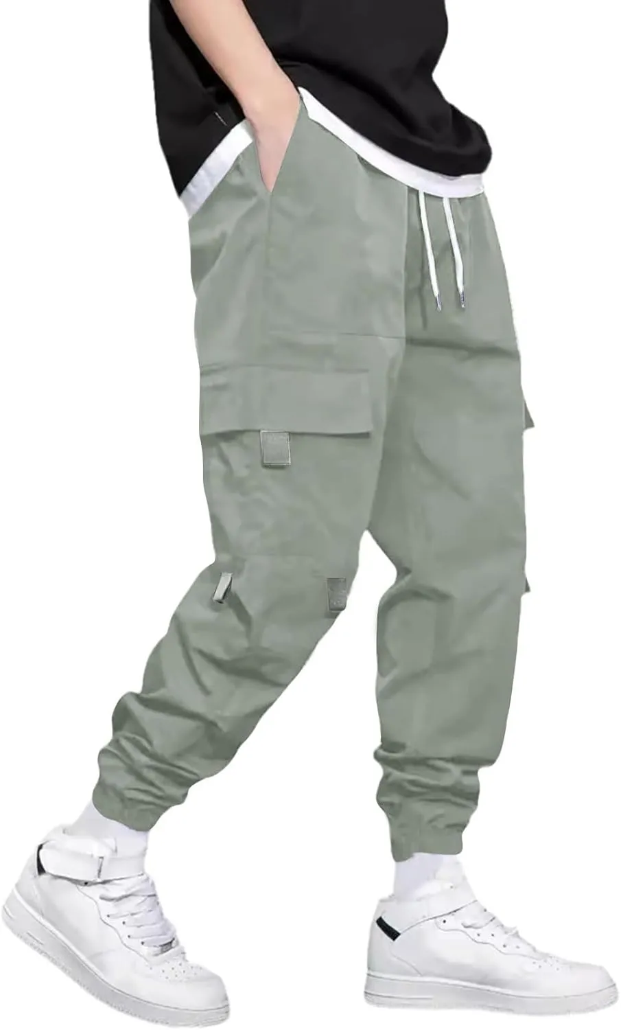 Men's Casual Work Pants with Drawstring Multi-Pocket Casual Straight Fit Pants